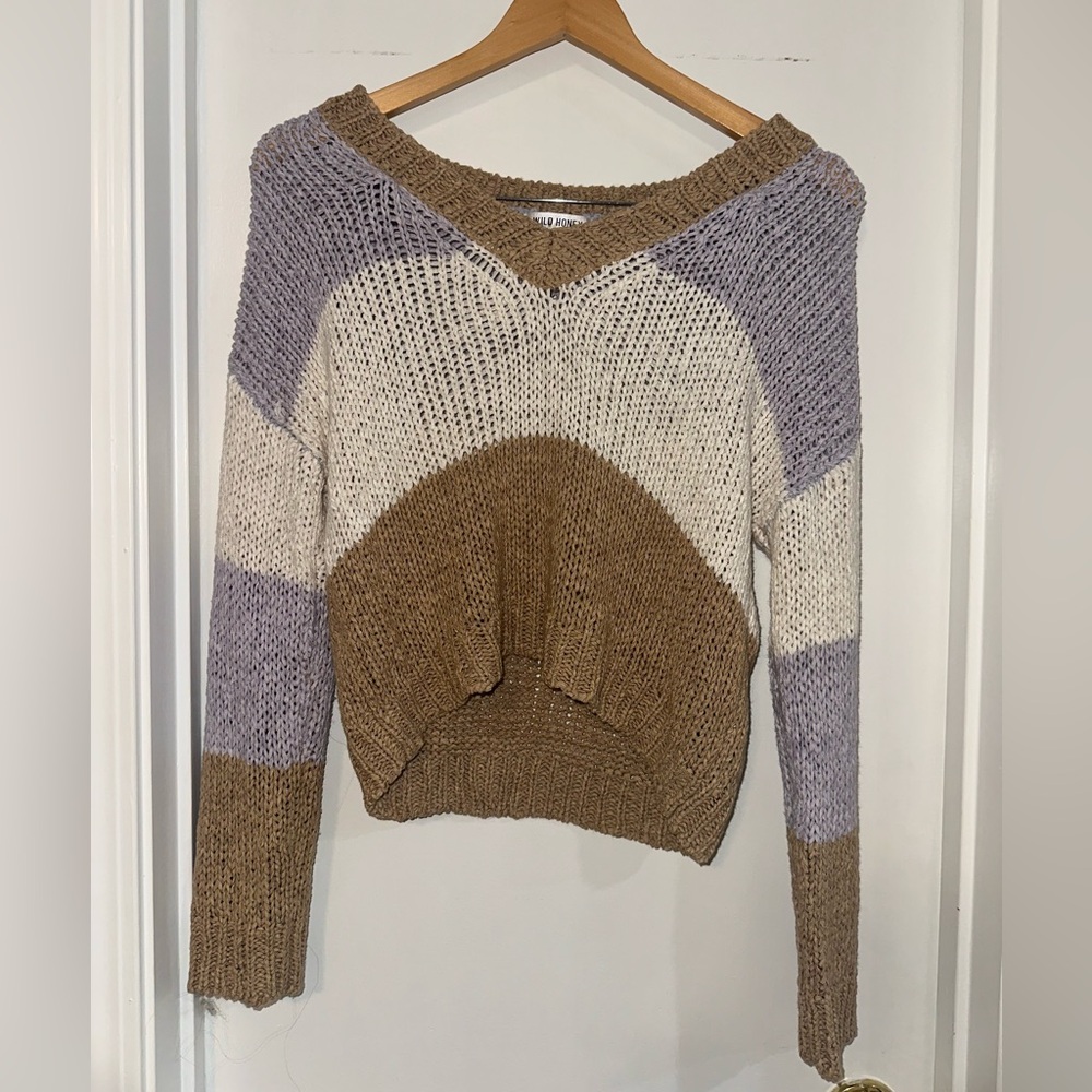 Wild Honey V-Neck Sweater in Brown, Cream, and Purple